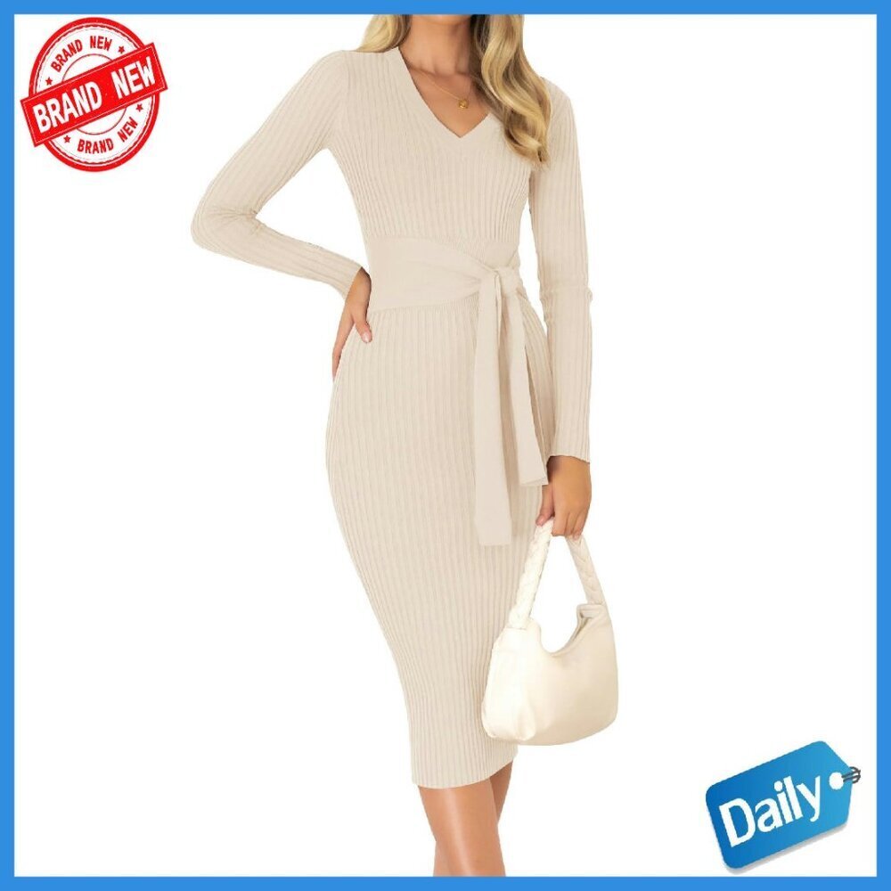 Ribbed Knit Sweater Dress V Neck Long Sleeve Bodycon Midi